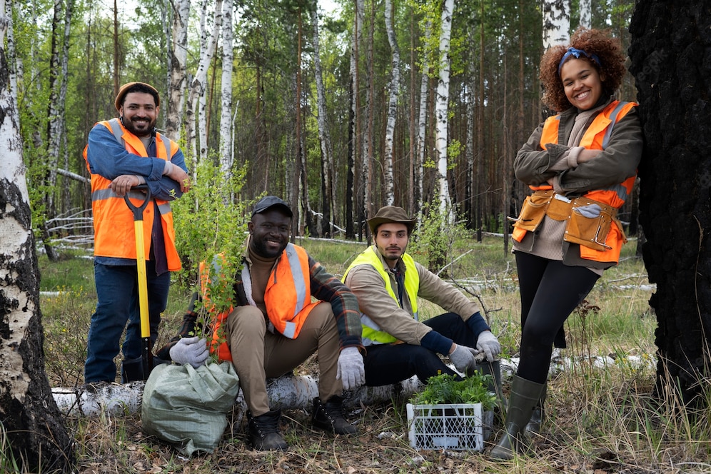 Group of volunteers posing in the forest with tree saplings
